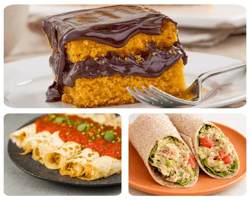 Pastel de zanahoria con chocolate, crepas rellenas y wraps