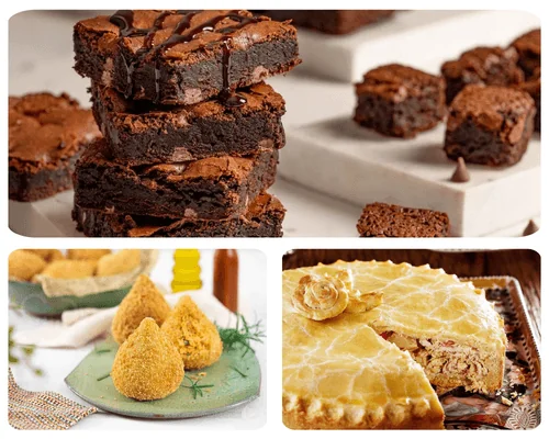 Brownies, croquetas y pastel de pollo