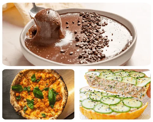 Crema de chocolate, pizza y tarta salada con pepino