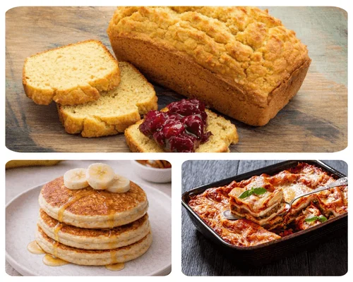 Pan sin gluten, panqueques de plátano y lasaña