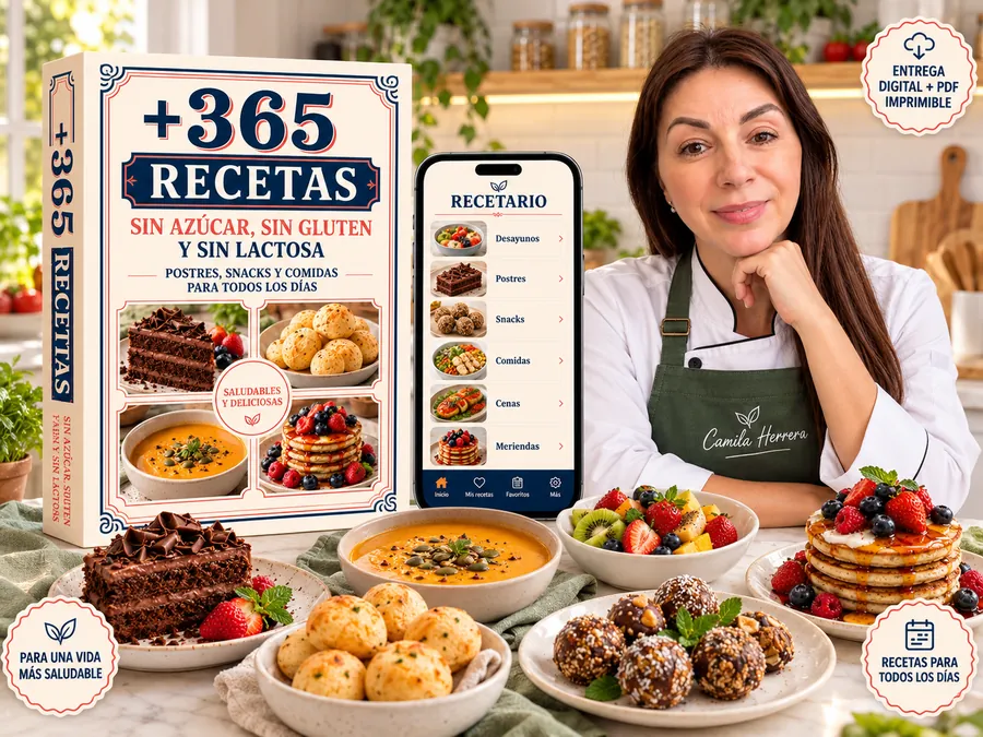 Libro +365 Recetas sin azúcar, sin gluten y sin lactosa, el recetario en el celular y la chef Camila Herrera con los platos
