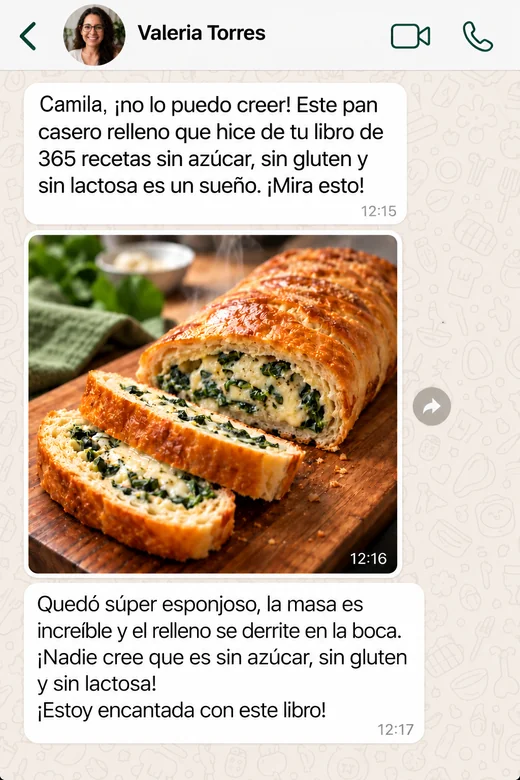 Mensaje de WhatsApp de Valeria Torres con la foto de su pan casero relleno