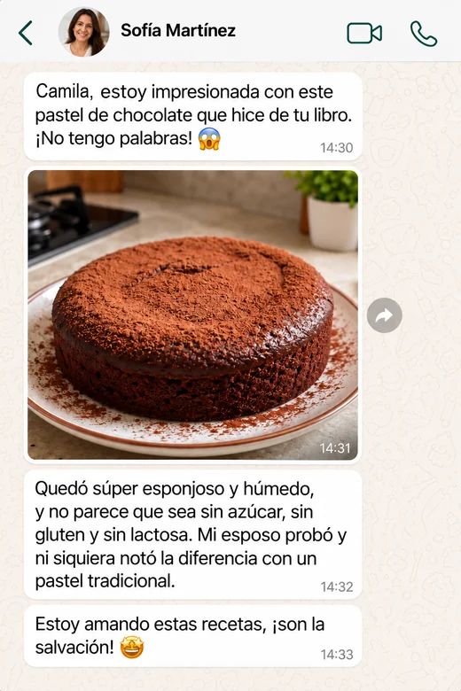 Mensaje de WhatsApp de Sofía Martínez con la foto de su pastel de chocolate